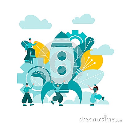 Successful startup. Teamwork. Rocket as a symbol of successful business strategy Vector Illustration