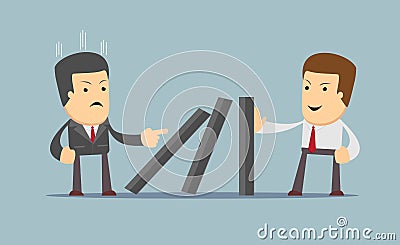 Successful strong confident businessman stopping domino effect. Vector Illustration