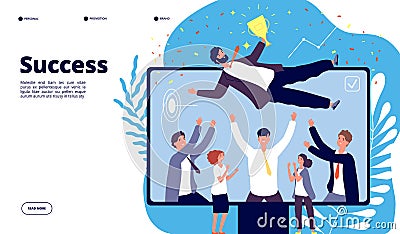 Successful team. Businessmen group employees throw happy colleague up in air. People celebrating victory, happy manager Vector Illustration