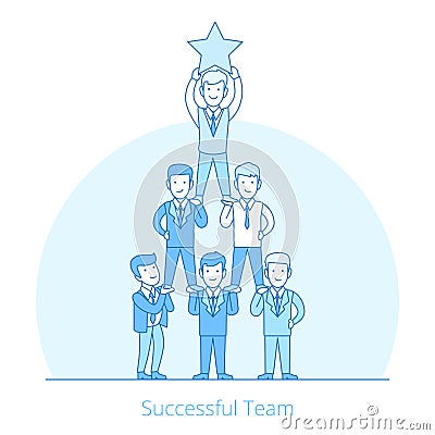 Successful Team men pyramid Flat line art business Vector Illustration