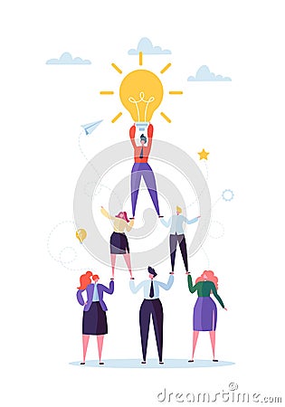 Successful Team Work Concept. Pyramid of Business People. Leader Holding Light Bulb on the Top. Leadership, Teamworking Vector Illustration