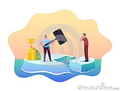 Successful, Wealthy Male Character Hitting Ice Floe with Hammer to Drive Out Poor Man in Rough Clothes, Unequal Income Vector Illustration