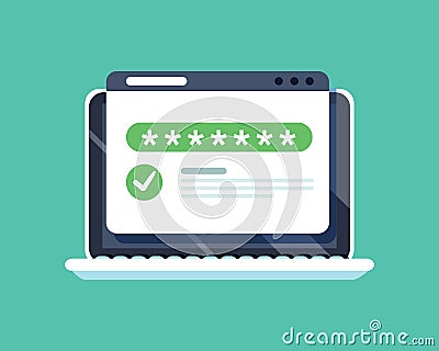 Successful web browser Login page on Laptop Screen with password form. Security, personal access, user authorization Vector Illustration