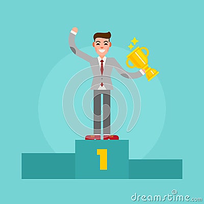 Successful winner businessman standing on the pedestal with a cup in the hand. Happy man in suit. Vector illustration. Vector Illustration