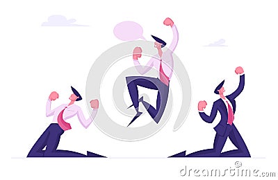 Successful Winners Business Team Celebrating Victory in Office. Happy People in Smart Casual Wear Standing on Knees Vector Illustration