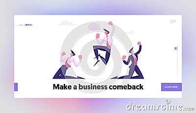 Successful Winners Website Landing Page. Business Team Celebrating Victory in Office. Happy Men Stand on Knees Vector Illustration