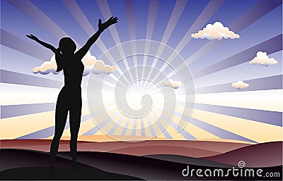Successful woman standing on filed with arms open .ound Vector Illustration
