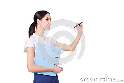 Successful young business woman in formalware with documents and pen writing. Isolated Stock Photo