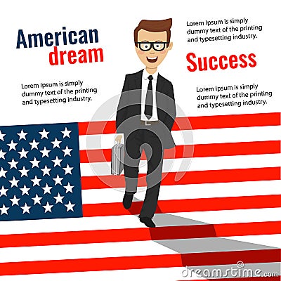 Successful young businessman with briefcase goes down the stairs in the form of usa flag Vector Illustration