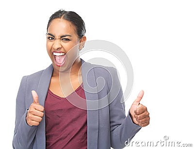 Successful young woman with thumbs up gesture Stock Photo