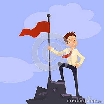 Successfull mission. Businessman standing with red flag on mountain peak. Goal achievement. Put flag on mountain peak, symbol of v Cartoon Illustration