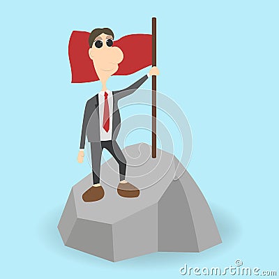 Successfull mission. Businessman standing with red flag on mountain peak. Goal achievement. Put flag on mountain peak, symbol of Stock Photo