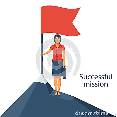 Successfull mission. Businesswoman standing with red flag on mountain peak. Vector Illustration