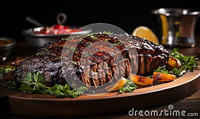 Succulent Barbecued Ribs Glazed with a Tangy Sauce on a Platter Garnished with Fresh Herbs Ready for Dining Stock Photo