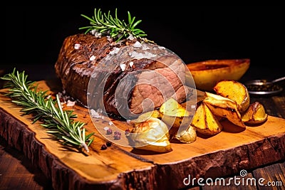 succulent beef roast accompanied by rosemary branches and garlic on a board Stock Photo