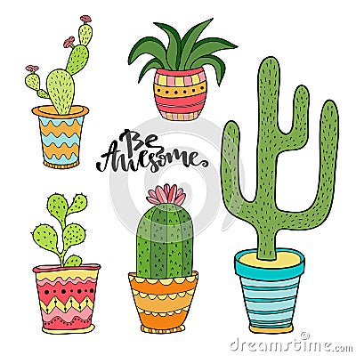 Succulent and cactus set. Cartoon plants in pots. Vector illustration set with cute house interior plants Vector Illustration