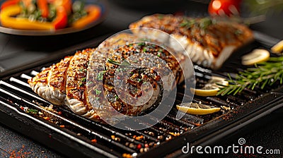 Luxurious grilled dorado on silver platter with exotic fruits and veggies for a lavish dining affair Stock Photo