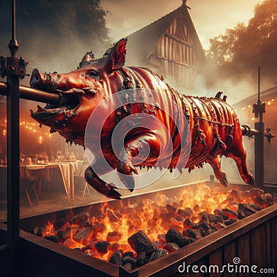 A whole pig, golden brown and succulent, rotates on a spit over a bed of barbecue coals Stock Photo