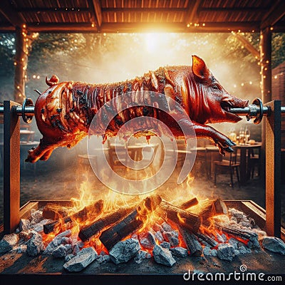 A whole pig, golden brown and succulent, rotates on a spit over a bed of barbecue coals Stock Photo