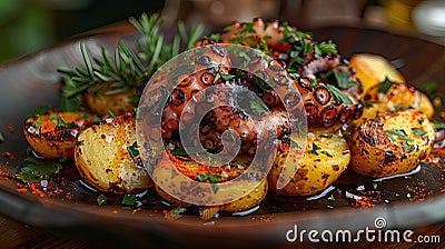 Succulent grilled octopus with golden potatoes. Stock Photo