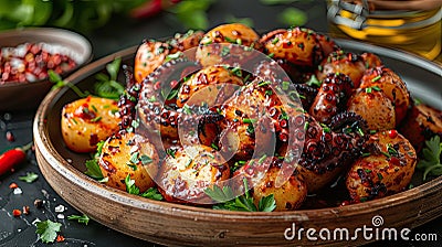 Succulent grilled octopus with golden potatoes. Stock Photo