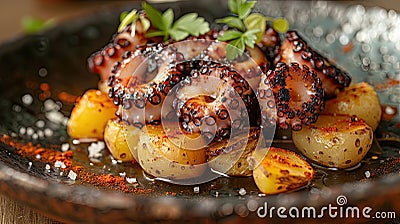 Succulent grilled octopus with golden potatoes. Stock Photo