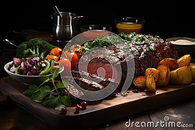 Succulent grilled picanha and colorful vegetables arranged rustically., generative IA Stock Photo