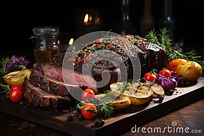 Succulent grilled picanha and colorful vegetables arranged rustically., generative IA Stock Photo