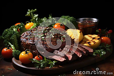 Succulent grilled picanha and colorful vegetables arranged rustically., generative IA Stock Photo