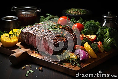 Succulent grilled picanha and colorful vegetables arranged rustically., generative IA Stock Photo