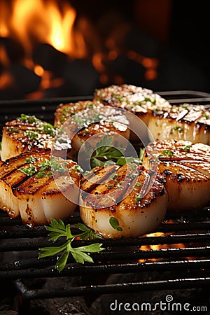 Succulent grilled scallops sizzling on a hot grill, showcasing their mouthwatering sear marks and tempting aroma Stock Photo