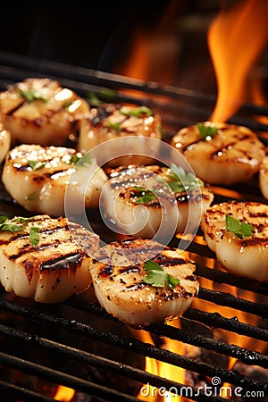 Succulent grilled scallops sizzling on a hot grill, showcasing their mouthwatering sear marks and tempting aroma Stock Photo