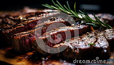 Succulent, juicy ribeye steak slices, showcasing mouthwatering tenderness and rich flavor Stock Photo