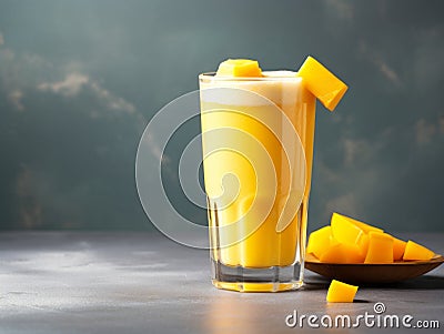 Succulent Mango Smoothie Delight on a Chic Gray Canvas Stock Photo