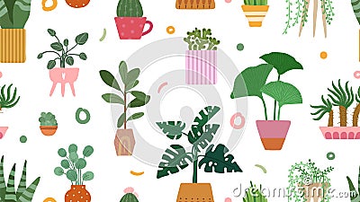 Succulent pattern. Home plants on pots background. Doodle cacti palm isolated on white. Scandinavian floral garden Vector Illustration