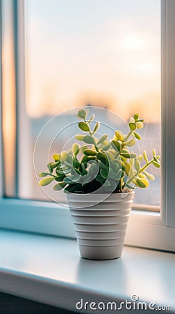 Succulent plant in a ribbed white pot catching the soft glow of a sunset by the window Stock Photo