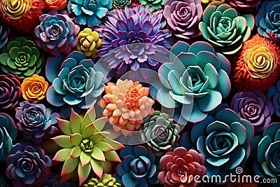 Succulent plants background. Top view succulent cactus, horticulture. Colorful succulents with cacti. AI Generated Stock Photo