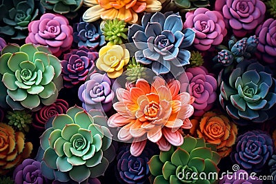 Succulent plants background. Top view succulent cactus, horticulture. Colorful succulents with cacti. AI Generated Stock Photo