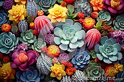 Succulent plants background. Top view succulent cactus, horticulture. Colorful succulents with cacti. AI Generated Stock Photo