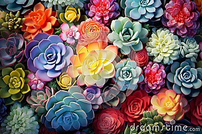 Succulent plants background. Top view succulent cactus, horticulture. Colorful succulents with cacti. AI Generated Stock Photo