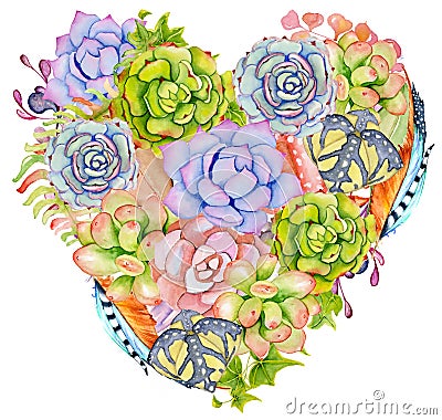 Succulent plants, cactus and feather in the shape of a heart. Cartoon Illustration