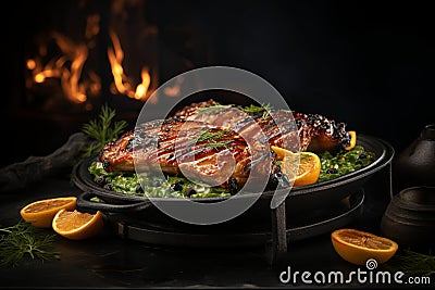 Succulent roast goose sizzling in a seasoned pan, ready to be served for a delightful feast Stock Photo