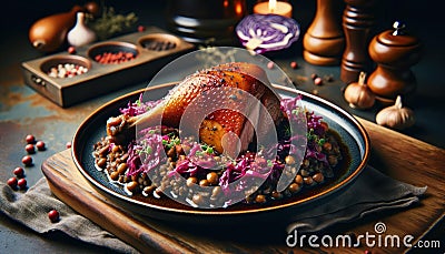 Gourmet Roasted Duck Leg with Lentils and Red Cabbage, AI Generated Stock Photo