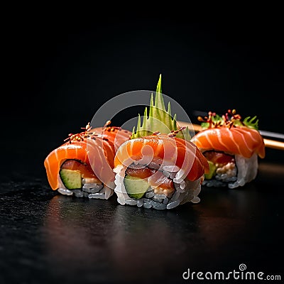 succulent sushi on a black tray, black background, perfect presentation, flying fish roe, salmon, rice and tuna, created with ai Stock Photo