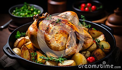 Succulent and tender roast chicken with golden crispy skin, perfectly cooked in a sizzling pan Stock Photo