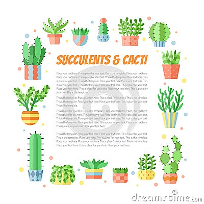 Succulents and cacti flat style multicolored square frame vector background with place for your text. Minimalistic design. Vector Illustration