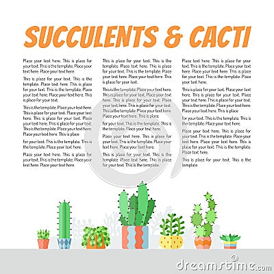 Succulents and cacti flat style multicolored vector background with place for your text. Minimalistic design. Part two. Vector Illustration
