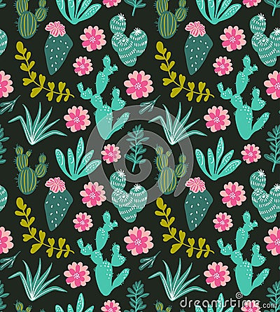 Succulents cacti plant vector seamless pattern. Botanical green desert flora fabric print. Vector Illustration