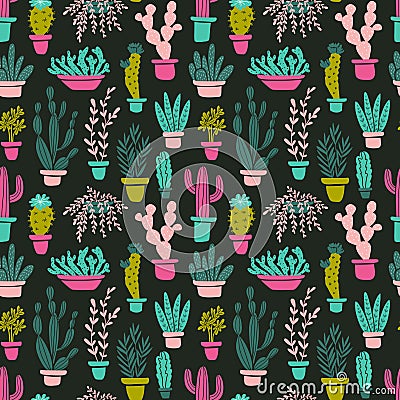 Succulents and cacti plants. Vector seamless pattern with home garden cartoon cactus on dark background. Vector Illustration