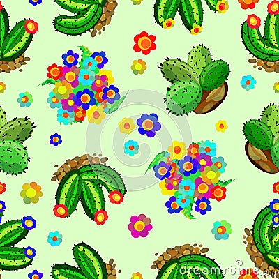 Succulents and Cactus Colorful Floral Seamless Pattern Vector Illustration